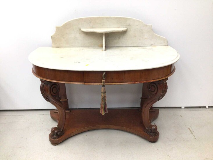 Victorian mahogany demi line washstand with marble top and splash back on carved cabriole front supports with shaped base, 112cm wide x 53cm deep x 94cm high