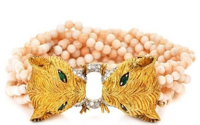 Vintage Retro Emerald Diamond Pink Coral 18K Gold Bypass Tiger Face Beaded Bracelet