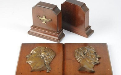 Vintage Wood & Bronze Bookends, Plaques
