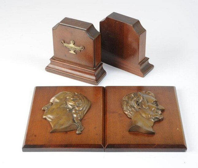Vintage Wood & Bronze Bookends, Plaques