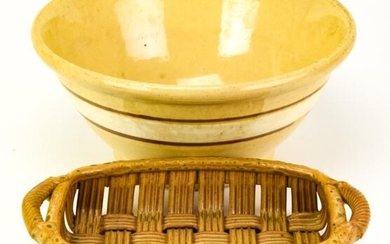 Vintage Yellow Ware Bowl & USA Made Ceramic Basket