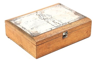 WOODEN CIGAR BOX "HANDS UP" WITH SILVER COWBOY MOTIF.