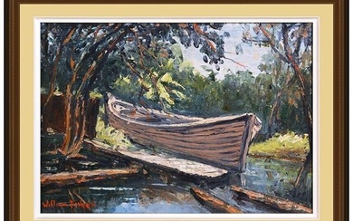 William Fisher Original Painting On Canvas Board Signed Boat Landscape Framed