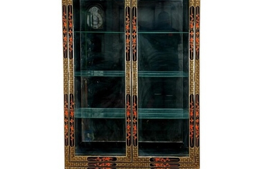 (-), Black lacquered display cabinet with 2 glazed...