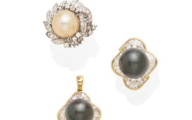 a group of cultured pearl jewelry including two rings and a pendant