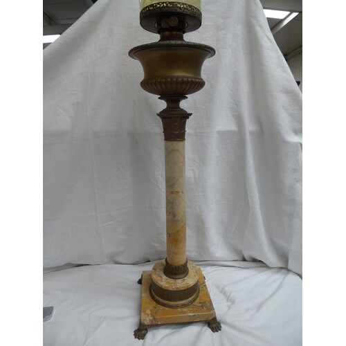 late 19thC tall brass and figured marble column oil lamp wit...
