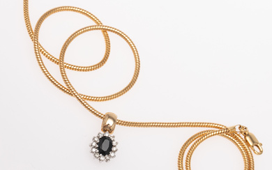necklace with pendant, 585 yellow and white gold, sapphire, diamonds.