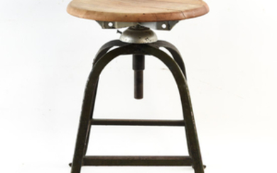 INDUSTRIAL IRON AND WOOD SWIVEL STOOL