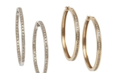 Two Pairs of 14kt Gold and Diamond Hoop Earrings