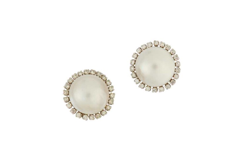 A pair of mabé pearl and diamond cluster earrings...