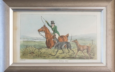 12 hand-coloured engravings of horses, horse riding and hunt