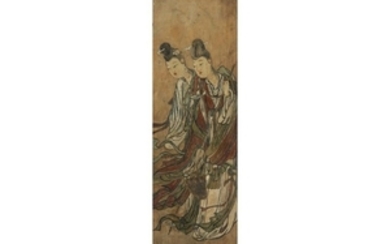 A CHINESE PAINTING OF LADIES ON STUCCO.