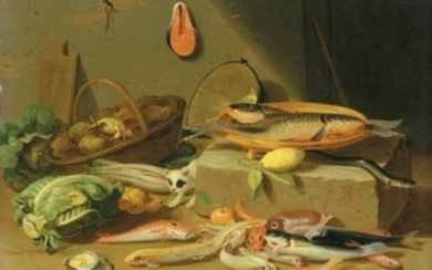 Pseudo-Jan van Kessel II (active second half 17th century), A pantry with a cat prowling among fish and vegetables