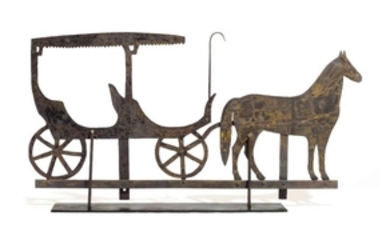 A RARE GILT AND PAINT-DECORATED CUT METAL AMISH HORSE AND BUGGY WEATHERVANE, PROBABLY MIDWESTERN STATES, LATE 19TH/EARLY 20TH CENTURY