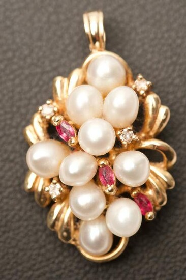 14K Gold, Baroque Pearl, Ruby & Diamond Pendant