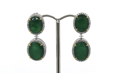 14K White Gold, Emerald and Diamond, Double Drop Earrings. The...