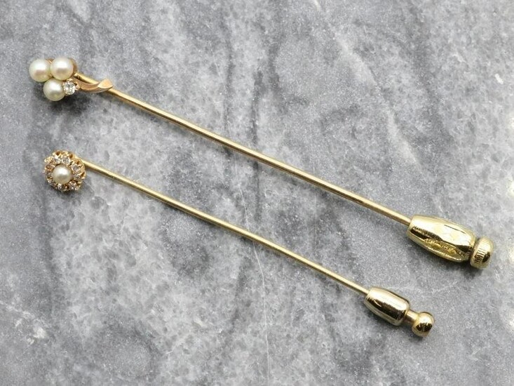 14KY Gold Pearl and Diamond Stickpins