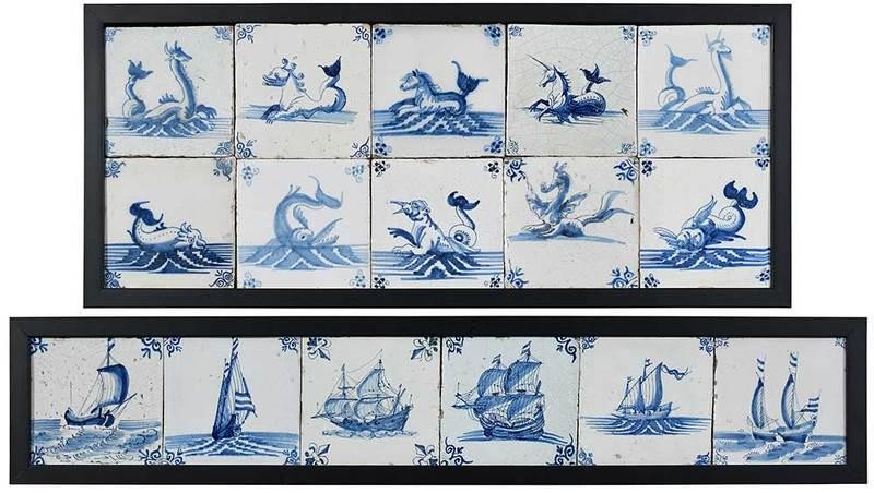 16 Framed Sea Creature and Ship Delft Tiles