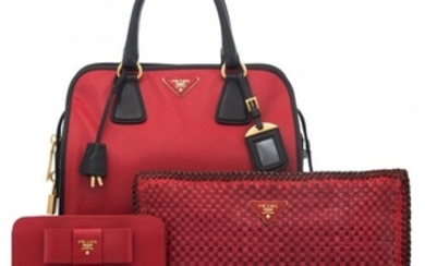 16024: Prada Set of Three: Red Top Handle Bag, Clutch &