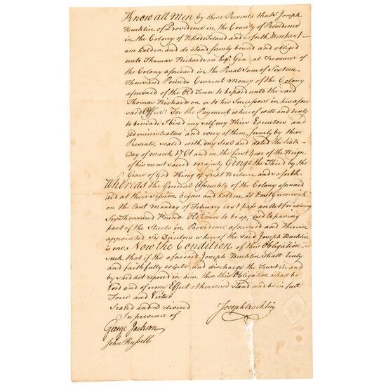 1761 Colonial America Bond Manuscript Document