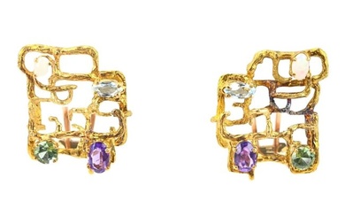 18K Gold Brutalist Panel Clip Earrings Gem Stones