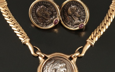 18K Necklace and 14K Ruby Earrings with Reproduction Ancient Coins