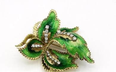 18K Yellow Gold Diamond and Enamel Floral Brooch