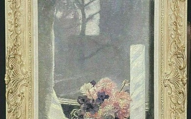 1930'S FRENCH IMPRESSIONIST SIGNED OIL - BEAUTIFUL FLOWERS ON WINDOW SILL VIEW