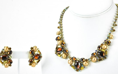 1970s Cabochon & Rhinestone Necklace & Earrings