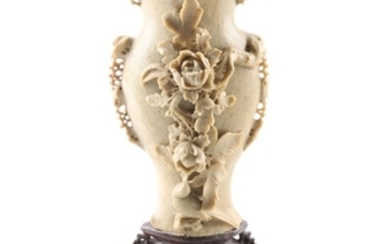 Chinese Carved Soapstone Vase with Rose Motif