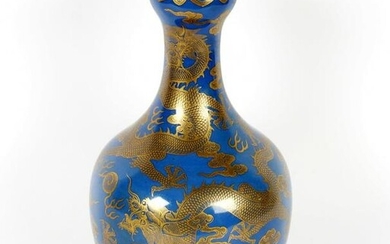 19th C. Chinese Blue Ground Dragon Bottle Vase