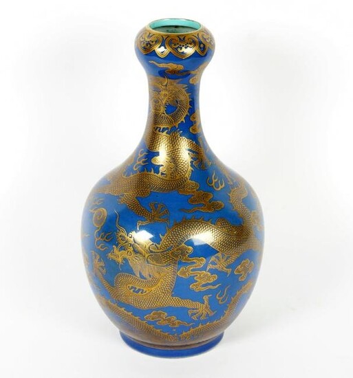 19th C. Chinese Blue Ground Dragon Bottle Vase