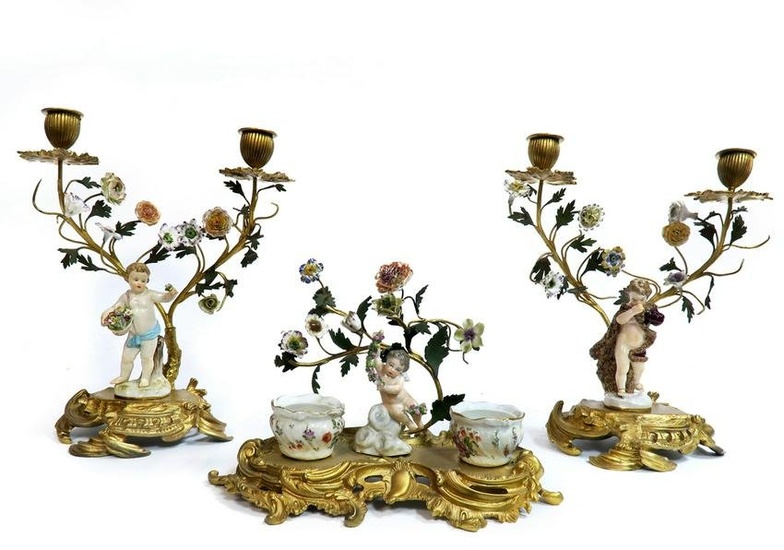 19th C. Meissen Figural Inkwell & Candle Sticks.
