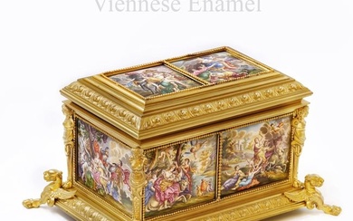 19th C. Viennese Hand Painted Plaques Figural Bronze Jewelry Box