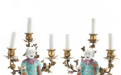 2 CHINESE LAUGHING BOYS GILT BRONZE MOUNTED LAMPS
