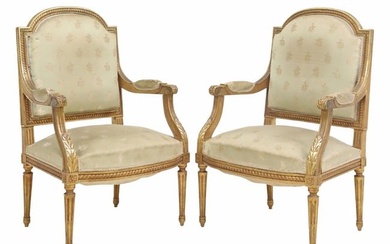 (2) FRENCH LOUIS XVI STYLE UPHOLSTERED GILTWOOD FAUTEUILS