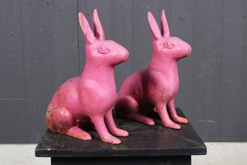 2 Pink Cast Iron Rabbits