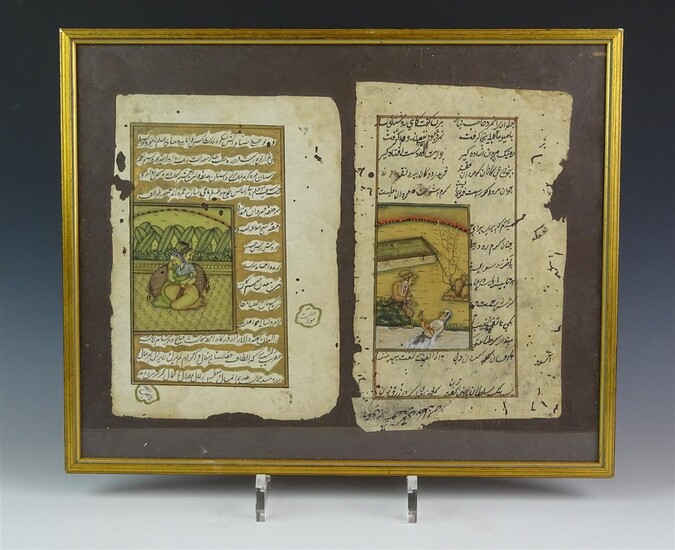 (-), 2 ingelijste antieke pagina's, India, 19e eeuw,...