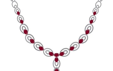 23.80 Ctw SI2/I1 Ruby And Diamond 14K White Gold Victorian Style Necklace