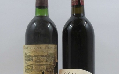 12 bouteilles 4 bts : CHÂTEAU LA LOUVIERE 1978 Graves (étiquettes très abimées dont 1 manquante, déchirées) 8 bts : CHÂTEAU KIRWA...