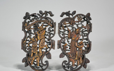 Pair Antique Chinese Carved Wood Figural Panels