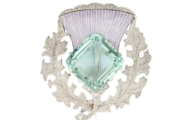 An aquamarine, enamel and diamond thistle brooch