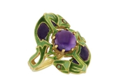 Art Nouveau Gold, Amethyst and Enamel Double Chameleon Ring
