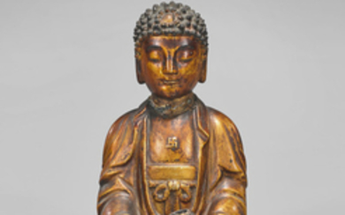 CHINESE GILT & RED LACQUER SEATED BUDDHA