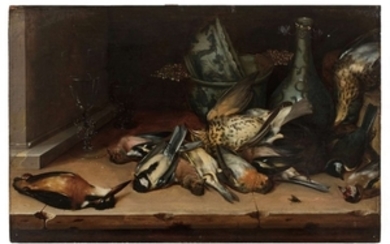 Christoffel van den Berghe Sint-Maartensdijk, vers 1588 - Middelbourg, 1628 Pièces de porcelaine et oiseaux sur un entablement