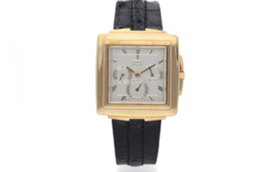 Corum. A Yellow Gold Square Calendar Wristwatch with Power Reserve and Date