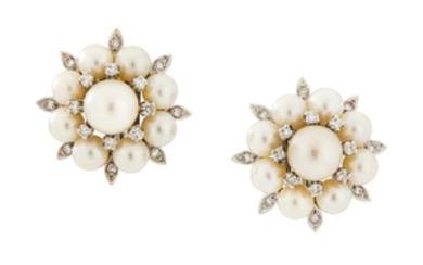 A pair of cultured pearl and diamond earclips,...
