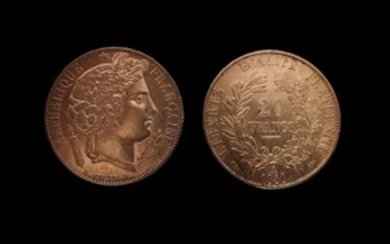 Deux pièces en or de 20 FF Cérès 1851 A