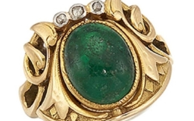 An emerald and diamond ring, the central...