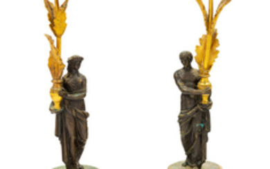 A Pair of Empire Style Gilt Bronze and Marble Candlesticks